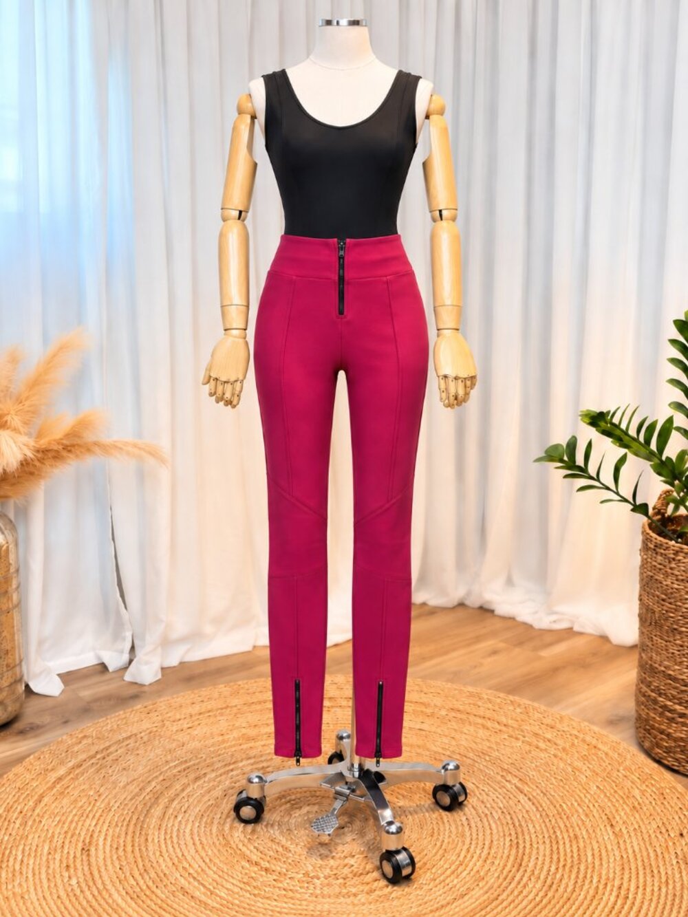 High Waist Sculpting Zip Skinny Pants Fuchsia